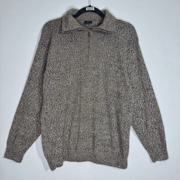 Men’s Alpaca Wool Quarter-Zip Pullover Sweater Brown Gray Marled Knit Medium - Picture 1 of 6